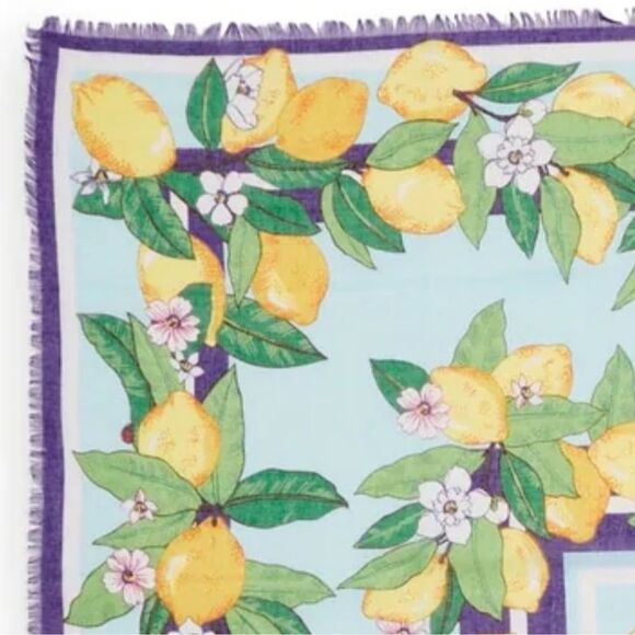 Vera Bradley Lemon Grove Blue Yellow Green Purple White Blossoms Fringe Scarf - Picture 6 of 12